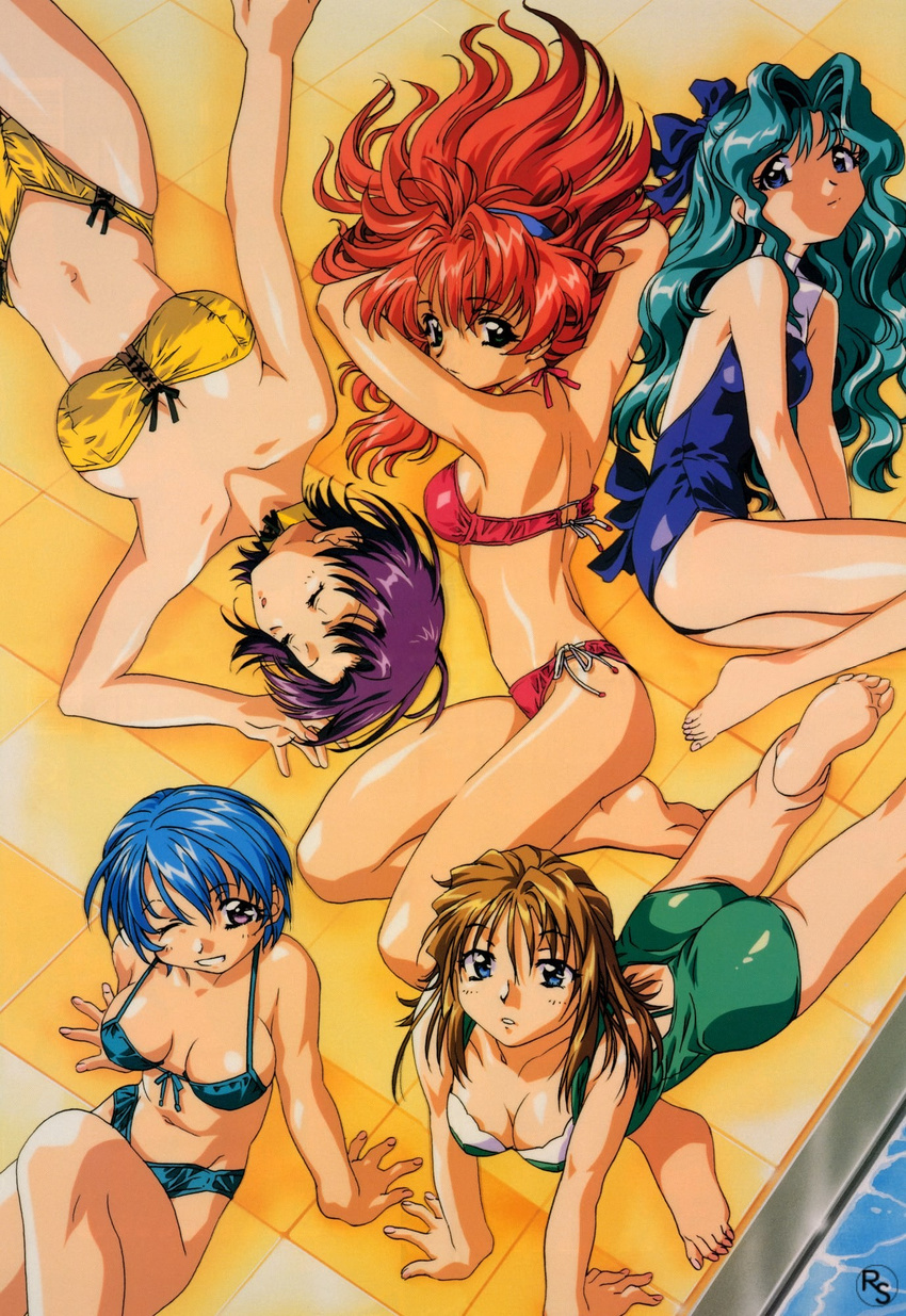 artist_request ass bandeau bare_shoulders bikini blue_hair breasts brown_hair cleavage closed_eyes fujiwara_yukie green_(game) green_hair highres hirose_mariko large_breasts long_hair looking_at_viewer looking_up medium_breasts mizuno_makoto_(green) multiple_girls one-piece_swimsuit pool purple_eyes purple_hair red_hair sakurai_akane short_hair side-tie_bikini smile swimsuit takahashi_kanako