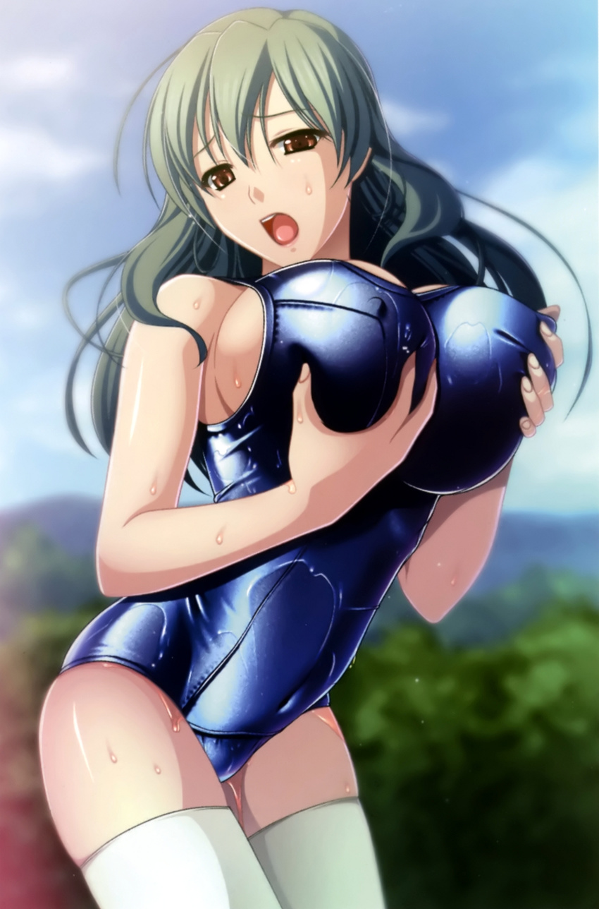 bare_shoulders breast_hold breasts brown_eyes green_hair highres kyonyuu_fantasy large_breasts long_hair one-piece_swimsuit open_mouth q-gaku school_swimsuit solo swimsuit thighhighs white_legwear