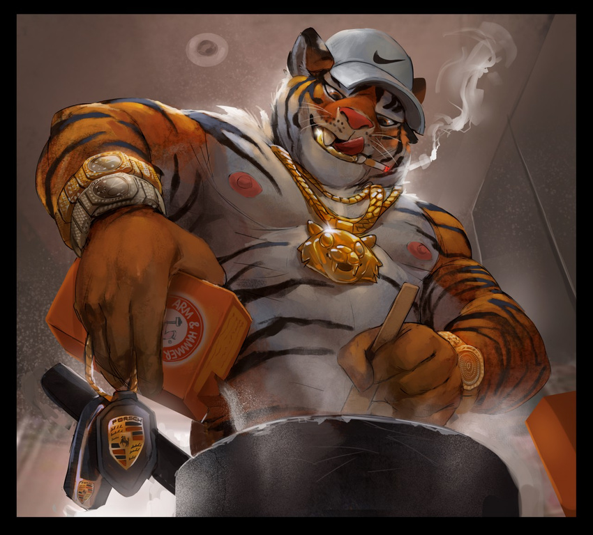 armpits athletic cigarette clothed clothing cooking feline hat jewelry low-angle_view male mammal necklace nipples smoke smoking solo stripes tacklebox tiger tongue tongue_out topless