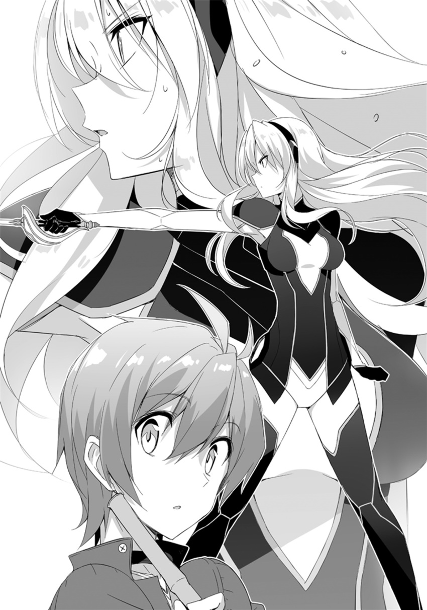 1boy 1girl breasts celistia_ralgris eyebrows_visible_through_hair floating_hair greyscale hair_between_eyes hairband highres holding holding_sword holding_weapon kasuga_ayumu_(haruhipo) leotard long_hair lux_arcadia medium_breasts monochrome novel_illustration official_art open_mouth outstretched_arm rapier saijaku_muhai_no_bahamut shiny shiny_hair shoulder_armor sweatdrop sword thighhighs very_long_hair weapon zoom_layer