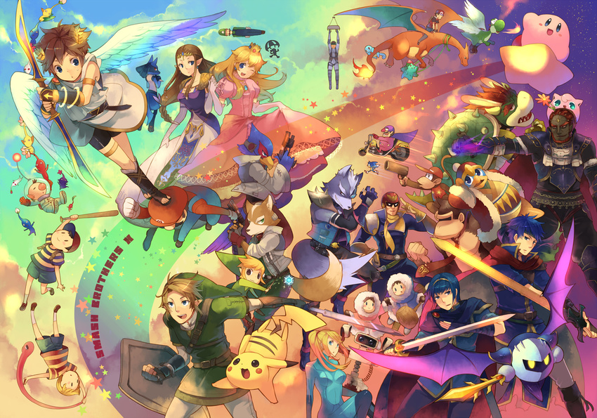 6+boys animal_ears armlet armor backpack bag baseball_bat baseball_cap belt black_hair blonde_hair blue_eyes blue_hair bodysuit boots bowser bracelet bracer brown_hair bunny_ears cape captain_falcon charizard cloak closed_eyes cloud coat crown day diddy_kong donkey_kong donkey_kong_(series) dress english everyone f-zero facial_hair falco_lombardi fire_emblem fire_emblem:_monshou_no_nazo fire_emblem:_souen_no_kiseki flower flying fox_mccloud furry ganondorf gen_1_pokemon gen_4_pokemon gloves ground_vehicle gun hanokage happy hat headband helmet highres holding holding_sword holding_weapon ice_climber ice_climbers ike ivysaur jacket jewelry jigglypuff kid_icarus king_dedede kirby kirby_(series) left-handed link long_hair lucario lucas luigi mario mario_(series) marth master_sword meta_knight metal_gear_(series) metal_gear_solid metroid mother_(game) motor_vehicle motorcycle mr._game_&amp;_watch multiple_boys multiple_girls mustache nana_(ice_climber) ness olimar open_mouth overalls parachute pikachu pikmin_(creature) pikmin_(series) pink_dress pit_(kid_icarus) pokemon pokemon_(creature) ponytail popo_(ice_climber) princess_peach princess_zelda quiff r.o.b rainbow rainbow_background red_hair robot samus_aran sandals scarf shield shirt short_hair shorts sky smile solid_snake sonic sonic_the_hedgehog spacesuit spikes squirtle star star_fox super_mario_bros. super_smash_bros. sword t-shirt tail the_legend_of_zelda toon_link wallpaper wario wario-man warioware weapon wings wolf_o'donnell yoshi zero_suit