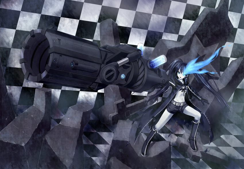 arm_cannon belt bikini_top black_hair black_rock_shooter black_rock_shooter_(character) blue_eyes boots chain checkered cross flat_chest front-tie_top gloves gun highres hood huge_weapon jacket knee_boots long_hair midriff pale_skin scar shorts solo star twintails uneven_twintails very_long_hair weapon yanphoenix zipper