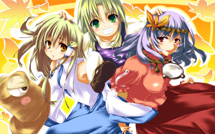 aaii bangs hair_ornament highres kochiya_sanae leaf_hair_ornament md5_mismatch moriya_suwako multiple_girls touhou wallpaper yasaka_kanako