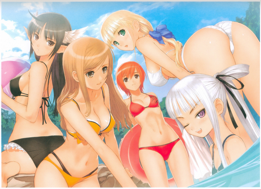 5girls ass bikini bow breasts clalaclan_philias cleavage hair_bow head_wings highres houmei innertube long_hair looking_back multiple_girls pointy_ears scan seena_kanon sega shining_(series) shining_wind sitting swimsuit tanaka_takayuki touka_kureha underboob wink xecty_ein