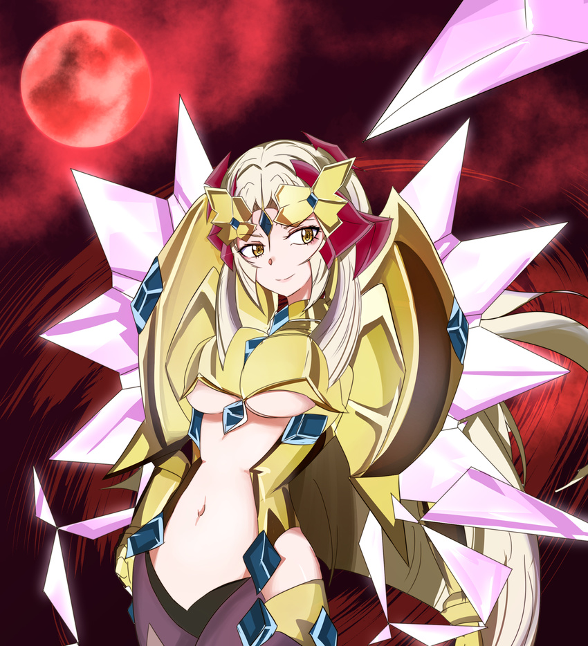 arm_at_side armor bangs blonde_hair breastplate breasts center_opening closed_mouth cowboy_shot crystal fine_(symphogear) forehead_jewel full_moon headgear highres hime_cut kokonotu616 long_hair looking_at_viewer medium_breasts moon navel nefushutan_no_yoroi pantyhose parted_bangs pauldrons red_background red_moon senki_zesshou_symphogear shoulder_spikes sidelocks smile solo spikes stomach underboob vambraces very_long_hair whip yellow_eyes