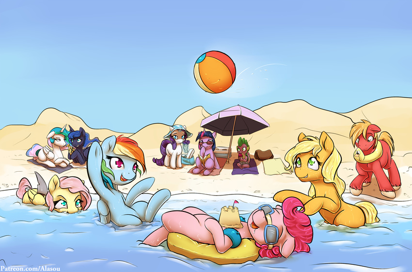 alasou applejack_(mlp) beach big_macintosh_(mlp) blonde_hair blue_eyes blue_fur blue_hair day detailed equine eyelashes eyewear female feral fluttershy_(mlp) friendship_is_magic fur glasses group hair hat hooves horn male mammal multicolored_hair my_little_pony nude orange_fur orange_hair outside partially_submerged pegasus pink_fur pink_hair pinkie_pie_(mlp) princess_celestia_(mlp) princess_luna_(mlp) purple_fur purple_hair rainbow_dash_(mlp) rainbow_hair rarity_(mlp) red_fur seaside sky smile spike_(mlp) twilight_sparkle_(mlp) unicorn white_fur winged_unicorn wings