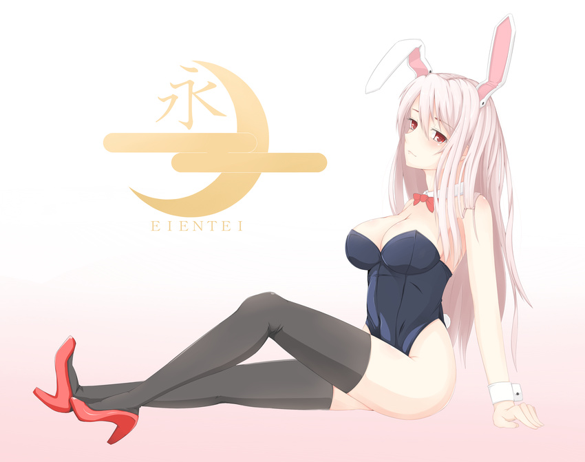 alternate_costume animal_ears arm_support armpits bad_id bad_pixiv_id bare_shoulders black_legwear black_leotard blush bow bowtie breasts bunny_ears bunny_girl bunnysuit cleavage closed_mouth commentary_request detached_collar from_side full_body high_heels highleg highleg_leotard highres large_breasts leotard light_smile long_hair looking_at_viewer looking_to_the_side pink_hair red_bow red_eyes red_footwear red_neckwear reisen_udongein_inaba shoes sideways_glance sitting solo surota thighhighs touhou wrist_cuffs