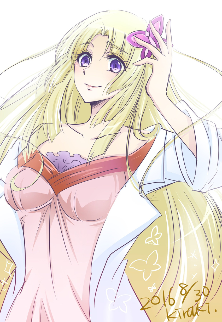2016 arm_up artist_name bangs bare_shoulders blonde_hair blush breasts bug butterfly butterfly_hair_ornament closed_mouth collarbone dated dress dual_persona eyebrows eyebrows_visible_through_hair eyelashes fine_(symphogear) hair_ornament highres hime_cut insect kiraki labcoat long_hair medium_breasts parted_bangs pink_dress pink_lips purple_eyes sakurai_ryouko senki_zesshou_symphogear sidelocks signature simple_background sleeves_rolled_up upper_body very_long_hair white_background white_coat