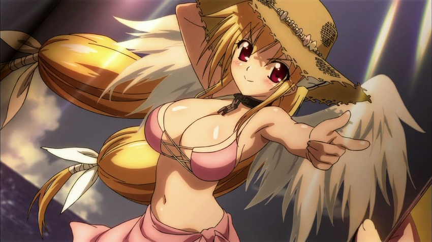 1girl angel_wings astraea bikini blonde_hair cleavage clouds hand_gun hat long_hair looking_at_viewer pink_bikini pointing_at_viewer red_eyes sea sky smile solo wings