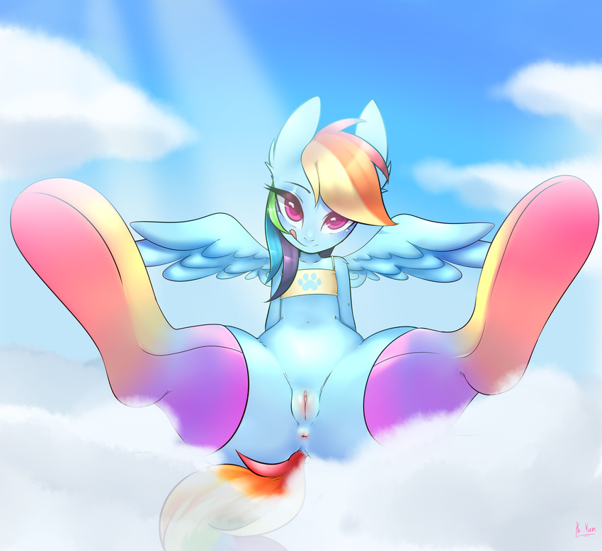 2016 absurd_res anus clothing cloud equine female friendship_is_magic hair hi_res kei_kun legwear licking licking_lips long_hair looking_at_viewer mammal multicolored_hair my_little_pony on_cloud outside pegasus pussy rainbow_dash_(mlp) rainbow_hair solo spread_legs spread_wings spreading tongue tongue_out wings