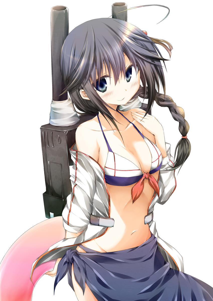 absurdres adapted_costume ahoge alternate_costume black_hair blue_eyes braid breasts cleavage commentary_request front-tie_top highres innertube kantai_collection long_hair looking_at_viewer medium_breasts mukouhara_shiryuu sarong shigure_(kantai_collection) simple_background single_braid solo swimsuit turret white_background