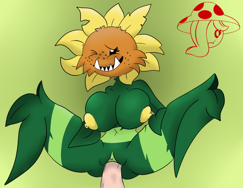 anthro areola big_breasts breasts digital_media_(artwork) duo eyelashes female flora_fauna flower freckles huge_breasts human humanoid male male/female mammal nipples not_furry nude open_mouth penetration penis plant plants_vs_zombies primal_sunflower pussy sex simple_background smile sunflower thompson-vonjung vaginal video_games