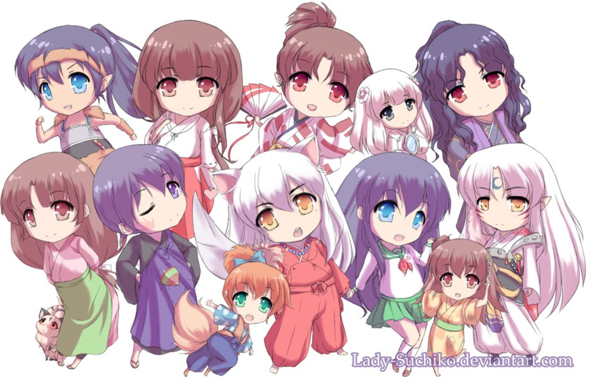 6+boys 6+girls animal_ears apron armor ascot bangs barefoot black_hair blue_eyes bow brown_eyes brown_hair cat chibi crescent_moon_symbol dog_ears dress earrings facial_mark fan folding_fan fox_tail fur fur_vest green_eyes grey_eyes hair_bow hair_flower hakama hand_print headband higurashi_kagome inuyasha inuyasha_(character) kagura_(inuyasha) kanna_(inuyasha) kikyou_(inuyasha) kimono kirara kitsune kouga lady_suchiko leaf_print loafers long_hair long_sleeves low_tied_hair miko miroku_(inuyasha) mirror monk multiple_boys multiple_girls naraku necklace open_mouth orange_hair orange_skirt pale_skin pleated_skirt pointy_ears ponytail red_eyes rin_(inuyasha) running sandals sango sash school_uniform serafuku sesshoumaru shikon_no_tama shippou_(inuyasha) simple_background skirt socks spinning_top sword tail tetsusaiga uniform white_background white_hair white_legwear wink yellow_eyes