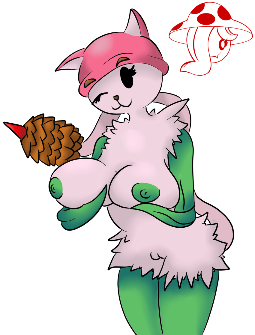 anthro big_breasts breasts cat cattail clothing digital_media_(artwork) eyelashes feline female flora_fauna fur hat huge_breasts humanoid looking_at_viewer mammal nipples nude plant plants_vs_zombies pussy signature simple_background smile solo thompson-vonjung video_games