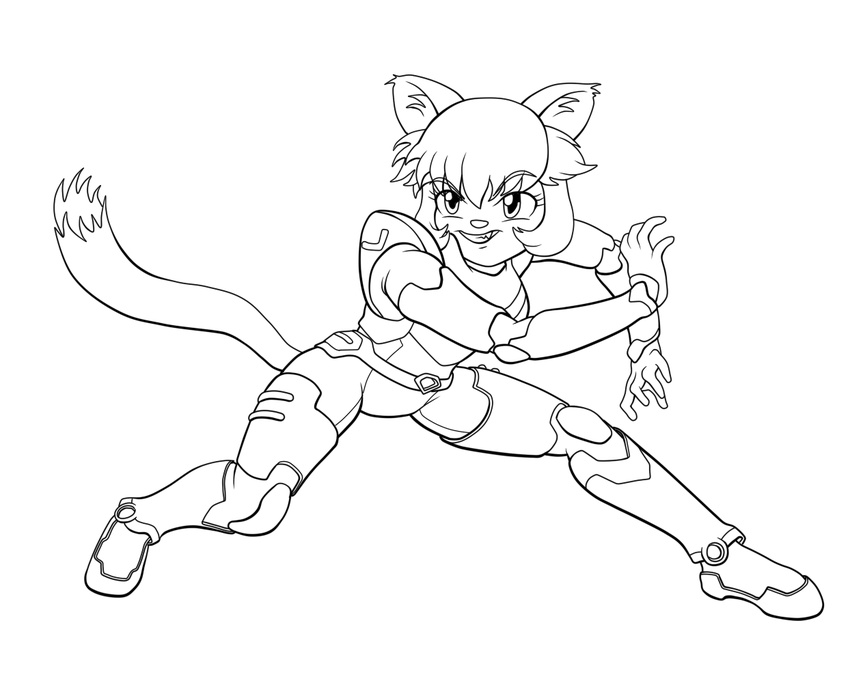 action_pose anthro armor black_and_white body_armor cat clawdia clothed clothing digital_media_(artwork) dipstick_tail ear_tuft feline female fighting_foodons front_view hair inner_ear_fluff mammal monochrome multicolored_tail professormegaman short_hair smile solo tuft wide_stance