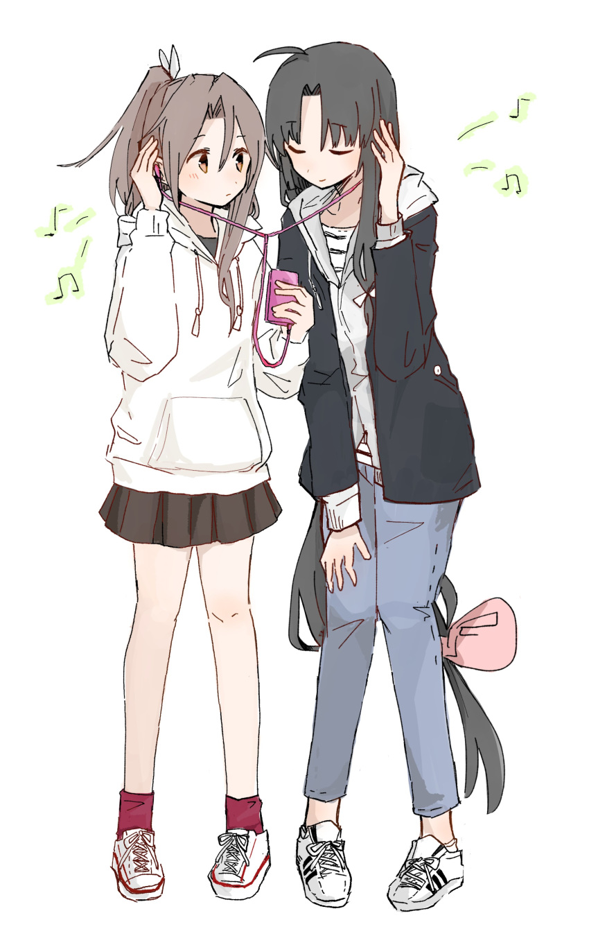 2girls absurdres bangs black_hair blush bow brown_eyes brown_hair closed_mouth denim digital_media_player earphones eyebrows_visible_through_hair eyes_closed full_body hair_bow hair_ribbon high_ponytail highres hinata_hibari hood hoodie jacket jeans kantai_collection listening_to_music long_hair long_sleeves looking_at_another low-tied_long_hair multiple_girls music musical_note pants pleated_skirt ponytail red_legwear ribbon shirt shoes shouhou_(kantai_collection) simple_background skirt smile sneakers standing very_long_hair white_background zuihou_(kantai_collection)