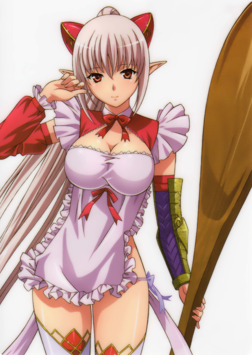 1girl aldra_(queen's_blade) breasts brown_eyes cleavage female large_breasts long_hair looking_at_viewer pointy_ears queen's_blade queen's_blade_vanquished_queens scan shiny_skin silver_hair smile solo standing