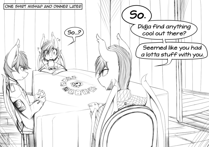 2016 anthro bat_pony card dialogue english_text fan_character female male monochrome my_little_pony nolegs_(oc) replica_(artist) table text