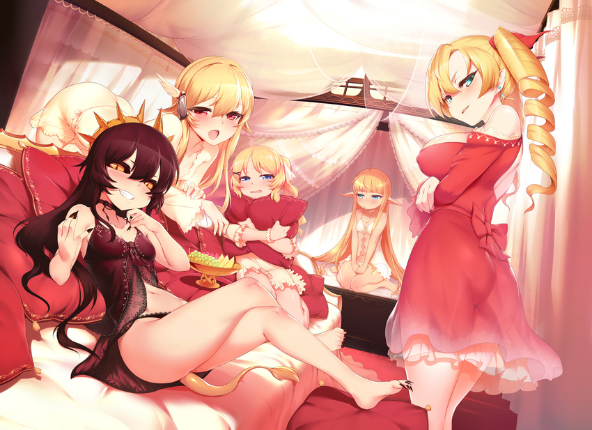 :o ahoge all_fours ass babydoll bangs bare_arms bare_legs bare_shoulders barefoot beckoning bed bedroom black_hair black_nails black_panties black_sclera blonde_hair blue_eyes blunt_bangs blush bow breasts carpet character_request choker christina_(tanaka_the_wizard) collarbone couch covered_nipples crossed_arms crossed_legs crown curtains cushion doris dragon_girl dress drill_hair dutch_angle earrings edita_(tanaka_the_wizard) ester_fitz_clarence eyebrows eyebrows_visible_through_hair fang fingernails floor food food_request frills fruit fruit_bowl glint grapes grin hair_between_eyes hair_flaps hair_ornament hair_ribbon hairclip head_wings headphones highres indoors jewelry lace lace-trimmed_panties lace_trim large_breasts leaning_back long_hair long_sleeves long_toenails looking_at_viewer looking_away m-da_s-tarou multiple_girls nail_polish navel nightgown no_bra off-shoulder_dress off_shoulder on_bed on_couch open_mouth own_hands_together panties pillow pillow_hug pointy_ears pout red_bow red_dress red_eyes red_ribbon ribbon ringlets scrunchie see-through sharp_fingernails sharp_toenails short_dress sidelocks sitting sleeveless slit_pupils small_breasts smile smirk sophia_(tanaka_the_wizard) standing stomach tail tanaka_the_wizard toenails twintails underwear very_long_hair wariza wavy_hair wavy_mouth white_dress white_ribbon wrist_scrunchie x_hair_ornament yellow_eyes