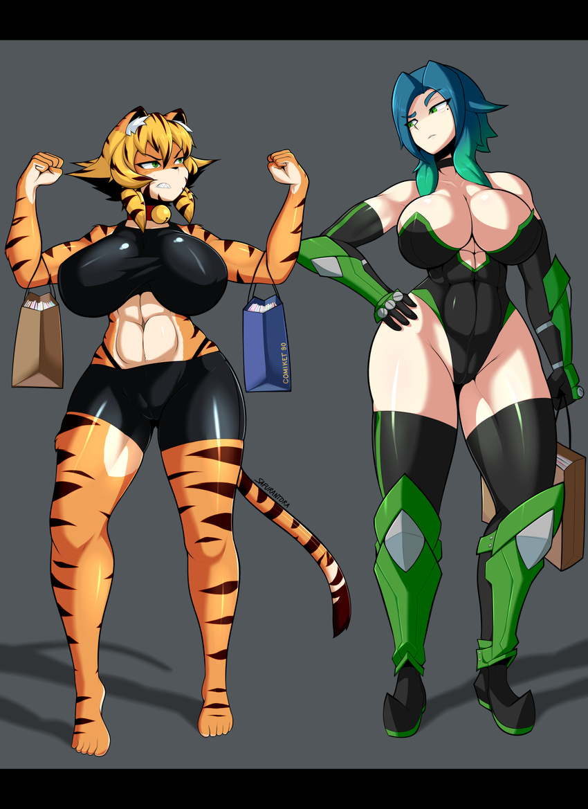 angry anthro big_breasts breasts duo female flexing huge_breasts human kemono mammal muscular saffron_(safurantora) safurantora