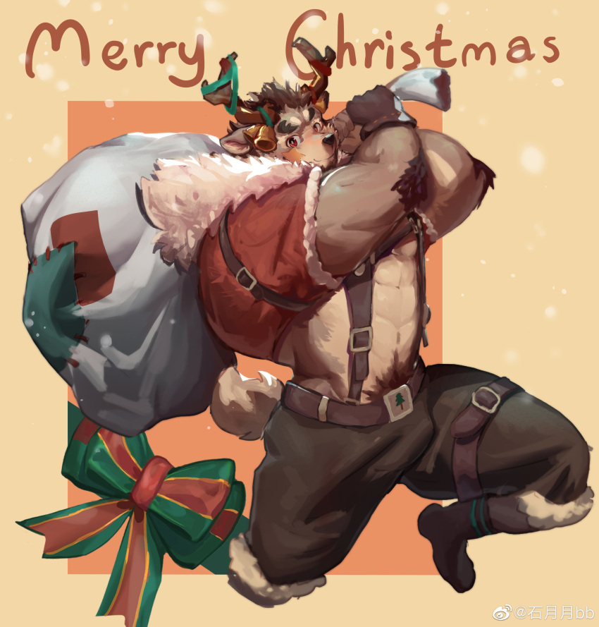 1boy absurdres animal_ears antlers bara bing_ya blush bulge cropped_jacket deer_ears deer_tail facial_hair forked_eyebrows furry furry_male goatee hat highres holding holding_sack male_focus merry_christmas muscular muscular_male nipples original pants pectorals red_headwear reindeer_antlers reindeer_boy sack santa_costume santa_hat short_hair solo suspenders tail thick_eyebrows thick_navel_hair underpec