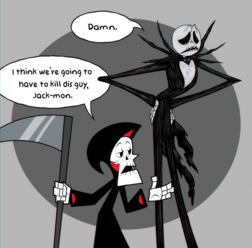 2023 absurd_res animated_skeleton bone cartoon_network clothed clothing death_(personification) dialogue duo english_text grim_(tgaobam) hi_res humor i_think_we're_gonna_have_to_kill_this_guy jack_skellington male melee_weapon meme polearm rasbipac sad scythe simple_background skeleton speech_bubble text the_grim_adventures_of_billy_and_mandy the_nightmare_before_christmas undead weapon