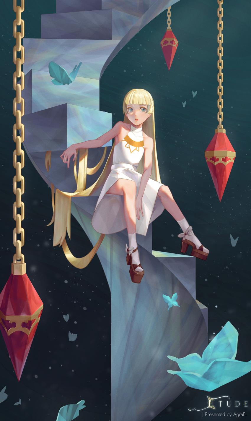 1girl absurdres agrafl blonde_hair blue_eyes blunt_bangs brown_footwear bug butterfly chain dress highres long_hair original sitting sitting_on_stairs socks solo stairs white_dress white_socks