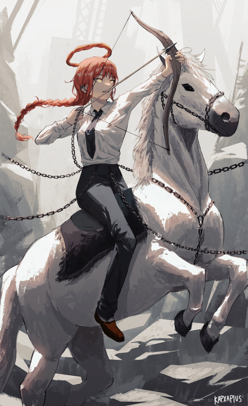 1girl arrow_(projectile) black_necktie black_pants blood_halo bow_(weapon) braid braided_ponytail chain chainsaw_man collared_shirt formal high-waist_pants highres holding holding_bow_(weapon) holding_weapon horse horseback_riding kapxapius long_hair makima_(chainsaw_man) necktie office_lady outdoors pants red_hair riding ringed_eyes shirt shirt_tucked_in solo weapon white_shirt yellow_eyes