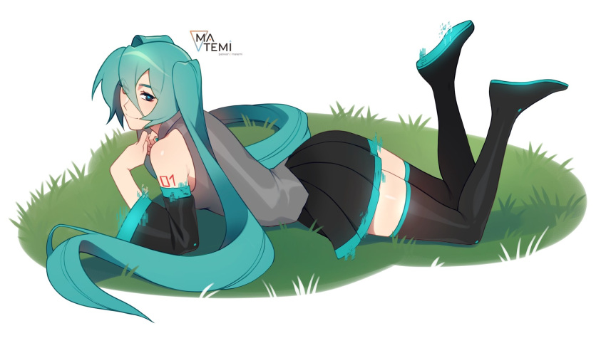 1girl aqua_hair artist_logo artist_name bare_shoulders black_footwear black_skirt boots breasts closed_mouth commentary english_commentary feet_up full_body grass grey_shirt hair_between_eyes hair_over_one_eye hands_up hatsune_miku highres long_hair looking_at_viewer lying matemi miniskirt on_stomach outdoors own_hands_together pleated_skirt shirt skirt sleeveless sleeveless_shirt small_breasts smile solo thigh_boots twintails very_long_hair vocaloid zettai_ryouiki