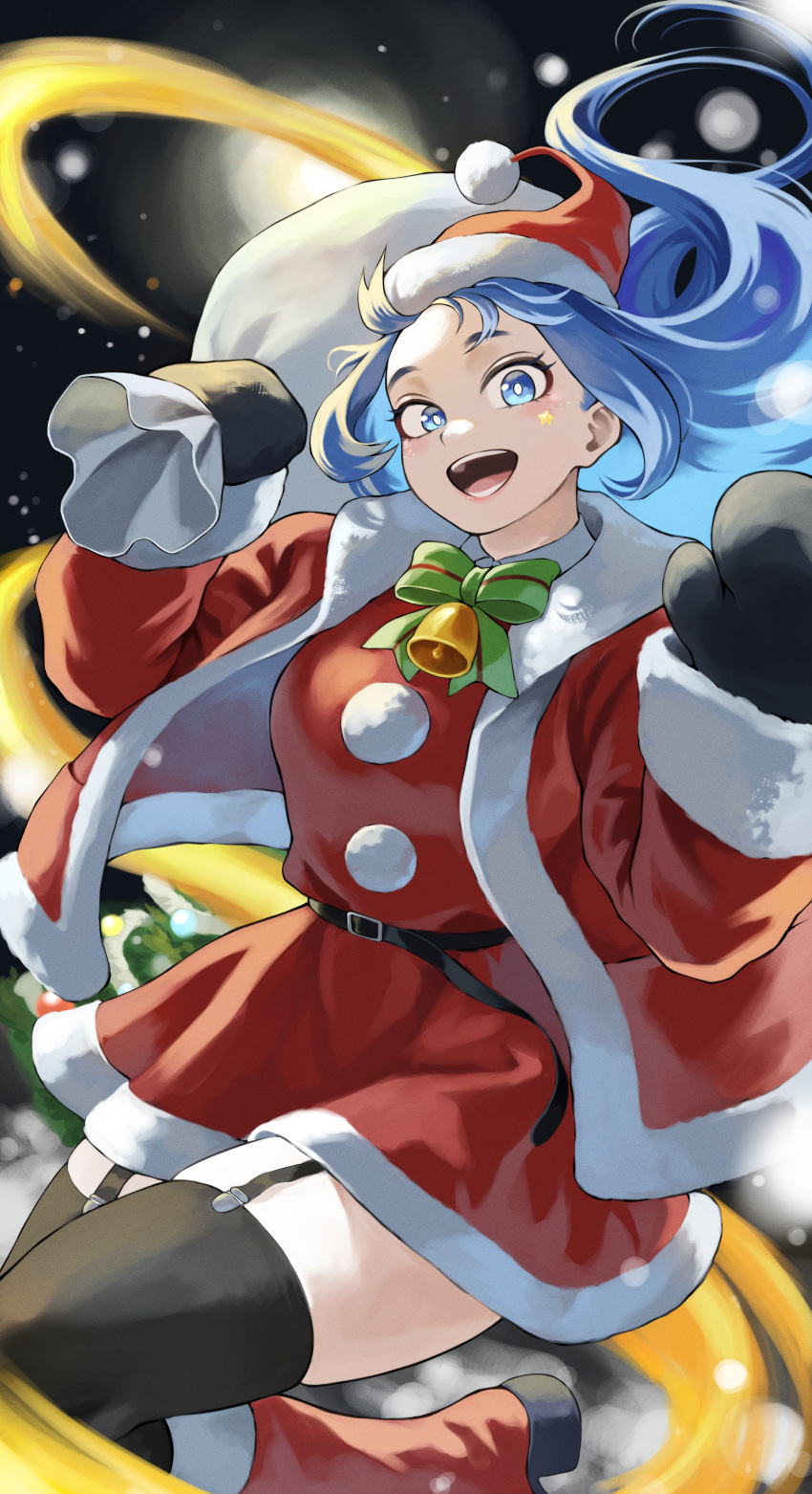 1girl absurdres alternate_costume belt black_belt black_garter_straps black_gloves black_thighhighs blue_eyes blue_hair boku_no_hero_academia boots bright_pupils christmas commentary_request fengling_(furin-jp) garter_straps gloves hadou_nejire hat highres long_hair looking_at_viewer open_mouth red_footwear red_headwear santa_costume santa_hat solo star_sticker teeth thighhighs white_pupils