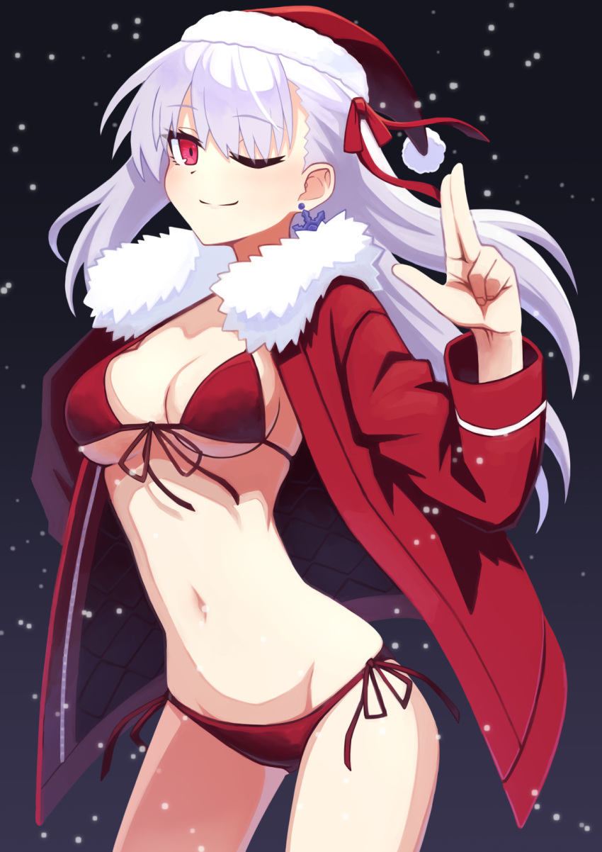 1girl bikini blush breasts cleavage commentary_request earrings fate/grand_order fate_(series) fur-trimmed_headwear fur-trimmed_jacket fur_trim hair_ribbon hat hibun_tsukasa highres jacket jewelry kama_(fate) long_sleeves looking_at_viewer navel one_eye_closed partial_commentary red_bikini red_eyes red_headwear red_jacket ribbon santa_hat short_hair small_breasts smile solo swimsuit thighs white_hair