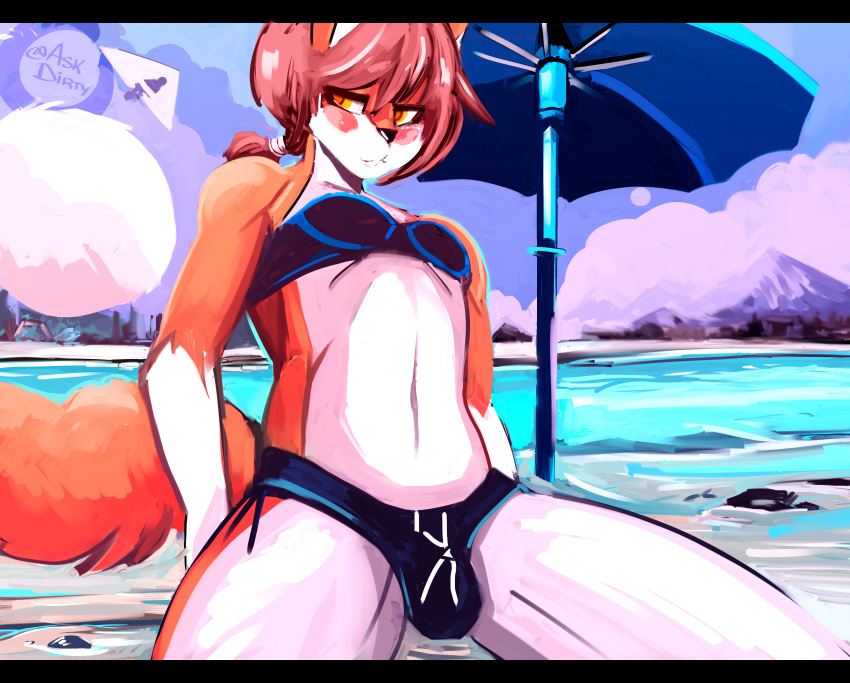 absurd_res anthro beach bikini blush brown_hair bulge canid canine clothed clothing detail dirtyscoundrel fur girly hair hang_glider hi_res looking_at_viewer male mammal navel orange_body orange_fur seaside swimwear umbrella white_body white_fur