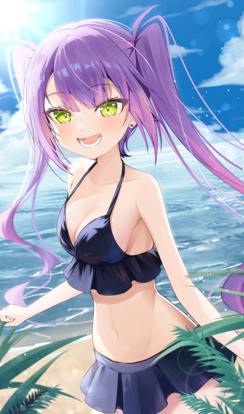 1girl absurdres armpits bare_arms bikini black_bikini black_bikini_bottom blush breasts cleavage collarbone ear_piercing frilled_bikini frills highres hololive long_hair looking_at_viewer mia_(mk2022) navel ocean open_mouth piercing purple_hair sand smile solo swimsuit tokoyami_towa twintails virtual_youtuber yellow_eyes