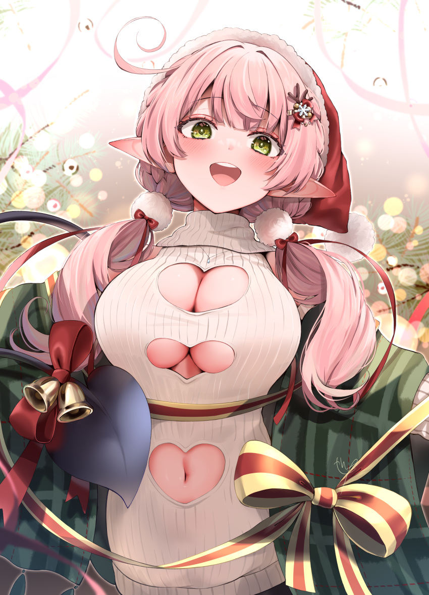 1girl :d absurdres ahoge bell blush bow breasts christmas cleavage cleavage_cutout clothing_cutout commentary_request hair_bow heart_cutout highres large_breasts low_twintails narushima_kanna navel navel_cutout open_mouth original pink_hair pointy_ears red_bow sleeveless sleeveless_turtleneck smile solo teeth turtleneck twintails upper_teeth_only