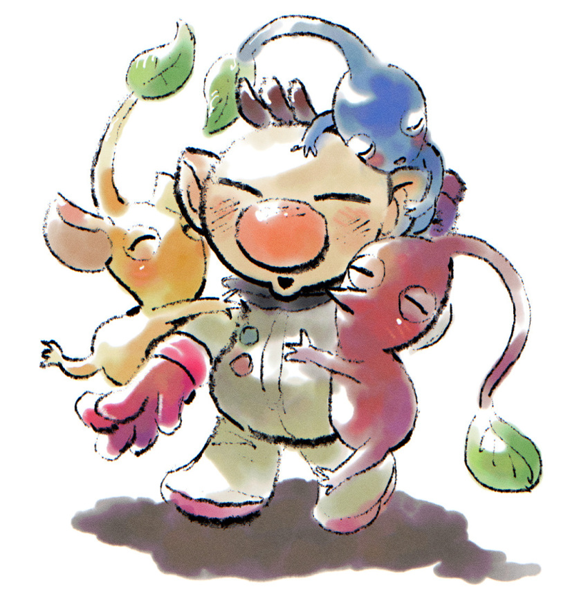 1boy ^_^ asaikaina big_nose blue_pikmin blue_skin brown_hair buttons closed_eyes colored_skin commentary_request gloves group_hug hand_on_another's_back hand_on_another's_head hug leaf light_blush no_humans no_mouth olimar open_mouth parted_lips pikmin_(creature) pikmin_(series) pointy_ears pointy_nose red_gloves red_pikmin red_skin shadow short_hair simple_background smile spacesuit very_short_hair white_background yellow_pikmin yellow_skin