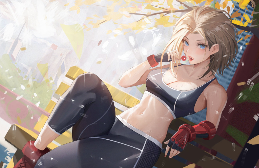 1girl asymmetrical_gloves bench blonde_hair blue_eyes breasts cammy_white cleavage fingerless_gloves gloves grey_leggings highres leggings looking_at_viewer medium_breasts midriff navel neorarty open_mouth outdoors park_bench red_footwear red_gloves scar scar_on_face shoes short_hair sneakers solo sports_bra street_fighter sweat sweatdrop toned tree wet