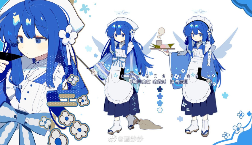 1girl angel_wings apron blue_bow blue_eyes blue_flower blue_hair blue_hakama blue_halo blue_kimono blue_skirt blue_sleeves blue_wings bow braid brown_footwear buttons chinese_commentary chinese_text closed_mouth color_guide commentary_request commission commissioner_name cup eyeshadow floral_print flower food frilled_apron frills full_body geta hair_bow hair_flower hair_ornament hair_ribbon hakama hakama_skirt halo head_scarf highres holding holding_cup holding_menu holding_mop holding_tray huasha japanese_clothes kimono lace-trimmed_bow lace-trimmed_sleeves lace_trim light_frown long_hair long_sleeves looking_at_object looking_at_viewer maid maid_headdress makeup menu mochi mop multiple_views original pink_eyeshadow reference_sheet ribbon sakazuki sidelocks single_braid skirt sleeves_past_wrists socks steam tabi teacup tray tress_ribbon upper_body wa_maid waist_bow watermark weibo_logo weibo_username white_apron white_background white_flower white_headdress white_headwear white_ribbon white_socks wide_sleeves wings