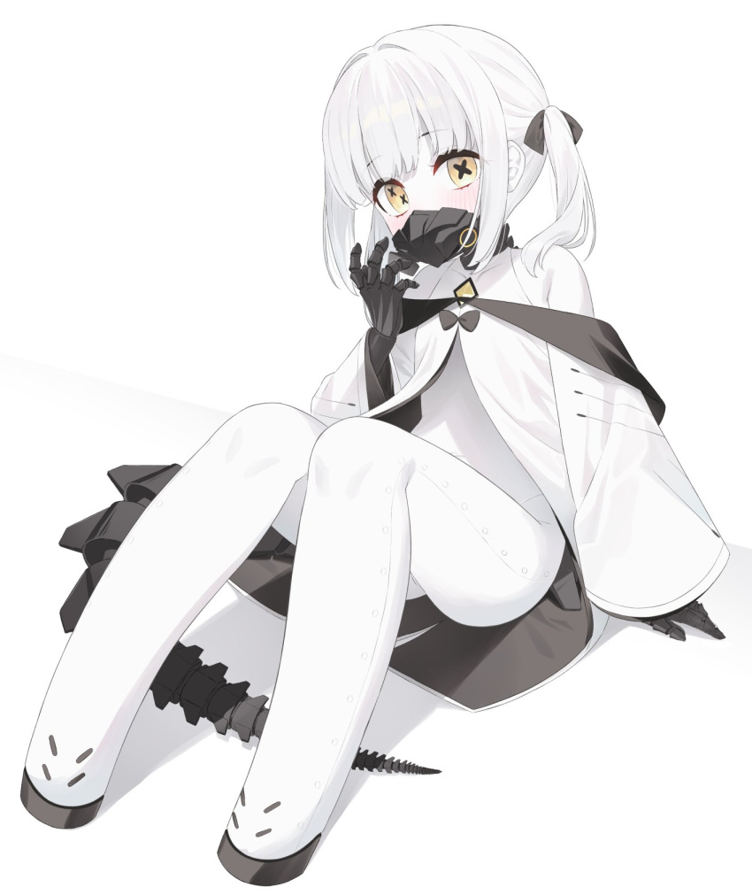 1girl ass black_mask black_tail blue_archive blush coat colored_skin ein_(blue_archive) extra_pupils highres long_sleeves looking_at_viewer mask mechanical_hands mechanical_tail medium_hair respirator simple_background solo symbol-shaped_pupils tail tofu1601 twintails white_background white_coat white_hair white_skin wide_sleeves x-shaped_pupils yellow_eyes