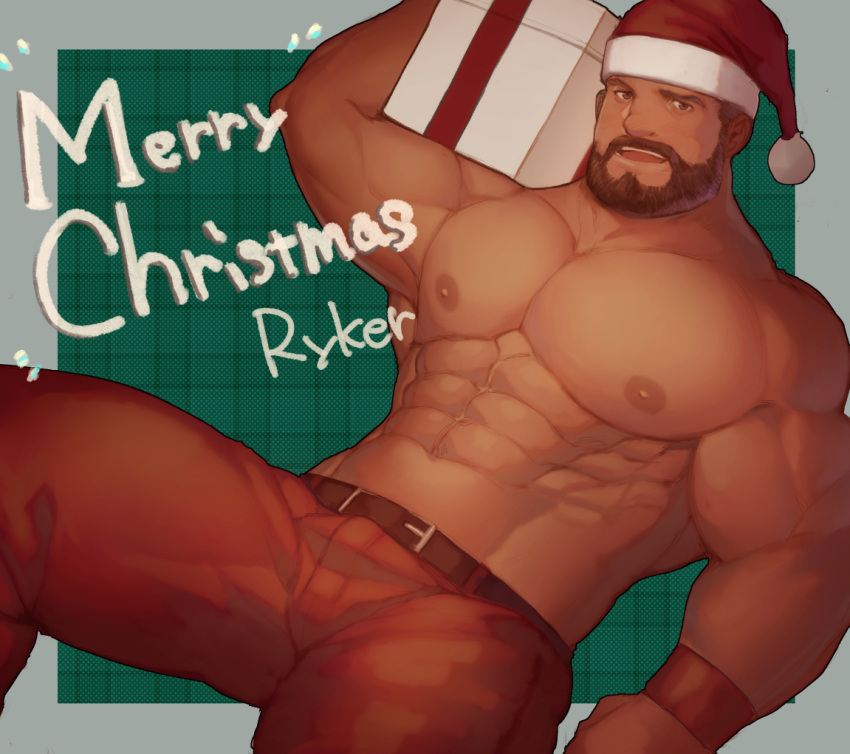 1boy abs bara beard belt biceps box brown_hair bulge carrying_over_shoulder christmas commentary facial_hair gift gift_box hat large_pectorals looking_at_viewer lying male_focus mature_male merry_christmas muscular muscular_male navel nipples on_back original pants pectorals red_pants ryker santa_costume santa_hat short_hair smile solo spread_legs stomach symbol-only_commentary thick_thighs thighs topless_male