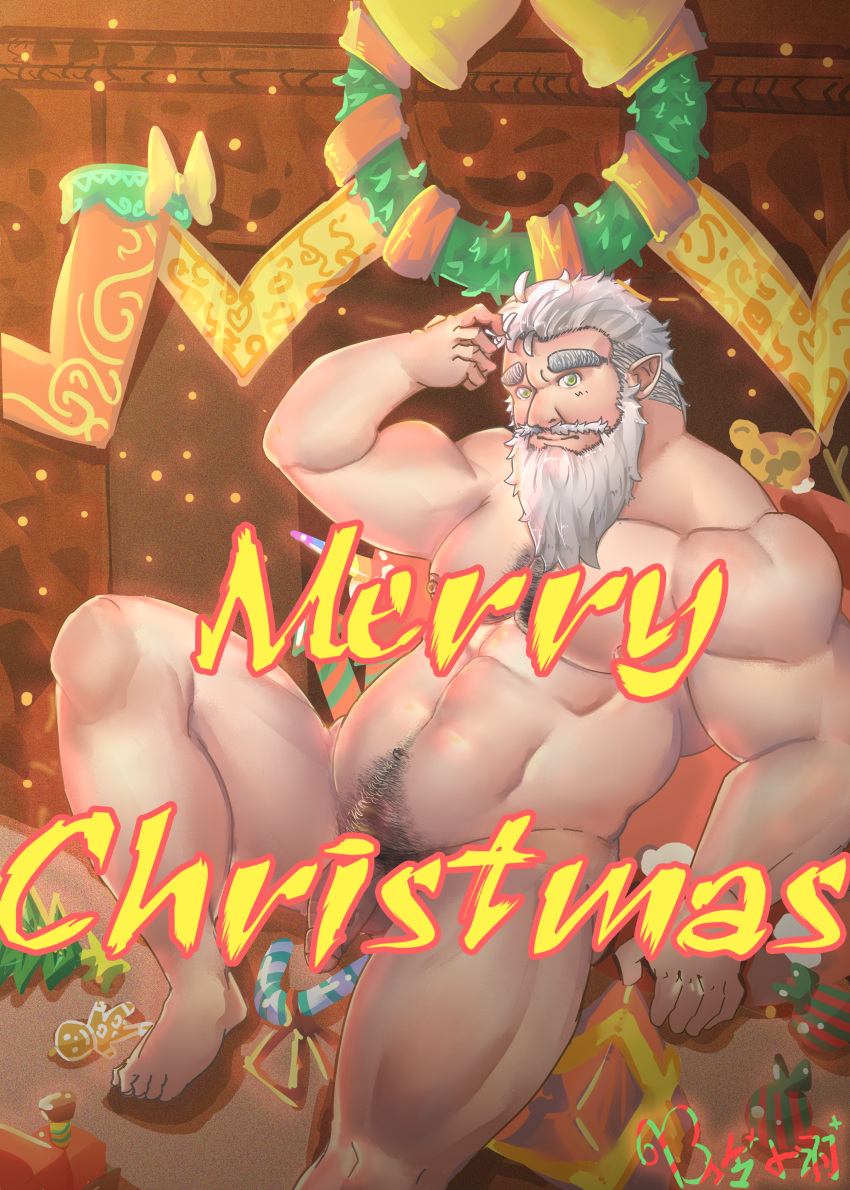 1boy absurdres artist_request bara beard belly censored christmas christmas_wreath completely_nude dwarf facial_hair flaccid foot_out_of_frame foreskin full_beard highres huge_eyebrows large_pectorals long_beard male_focus mature_male merry_christmas muscular muscular_male mustache nipples nude old old_man original pectorals penis plump pointy_ears short_hair sitting solo text_censor thick_chest_hair thick_navel_hair white_hair wreath