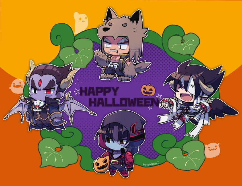 4boys ascot belt black_eyes black_hair black_pants black_shirt black_wings blue_skin claws colored_skin devil_jin facial_hair fang ghost grey_facial_hair grey_horns halloween_costume happy_halloween heterochromia hood hood_up horns jack-o'-lantern kazama_jin kotorai long_sleeves male_focus mishima_heihachi mishima_kazuya multiple_boys mummy_costume mustache open_mouth orange_background pants patchwork_skin purple_skin red_belt red_eyes scar scar_on_chest scar_on_face shirt star_(symbol) tekken third_eye v-shaped_eyebrows vampire_costume werewolf_costume white_ascot wings