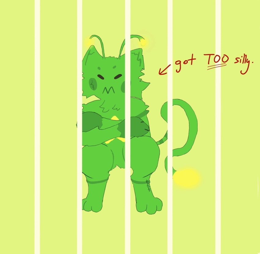 ambiguous_gender angry antennae_(anatomy) anthro arrow_sign bars cat_carrier cheek_tuft crossed_arms facial_tuft forfigssake_(artist) fur glowing glowing_antennae glowing_tail_tip gnarpy green_body hi_res neck_tuft paws simple_background solo star_on_body stripes tail text tuft upset