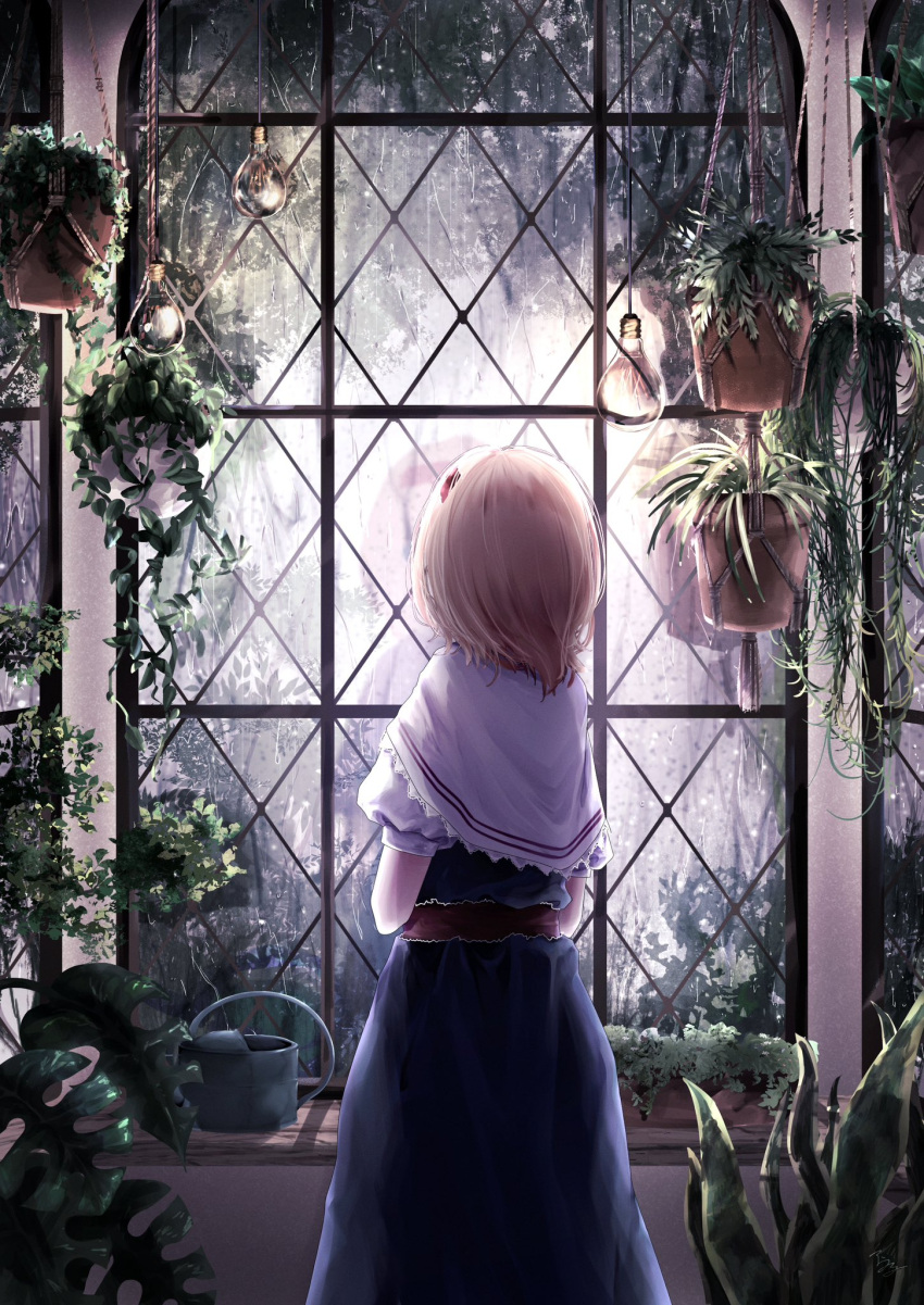 1girl alice_margatroid blonde_hair blue_dress capelet dress from_behind hairband highres light_bulb plant potted_plant reflection short_sleeves solo t_terano touhou watering_can white_capelet window