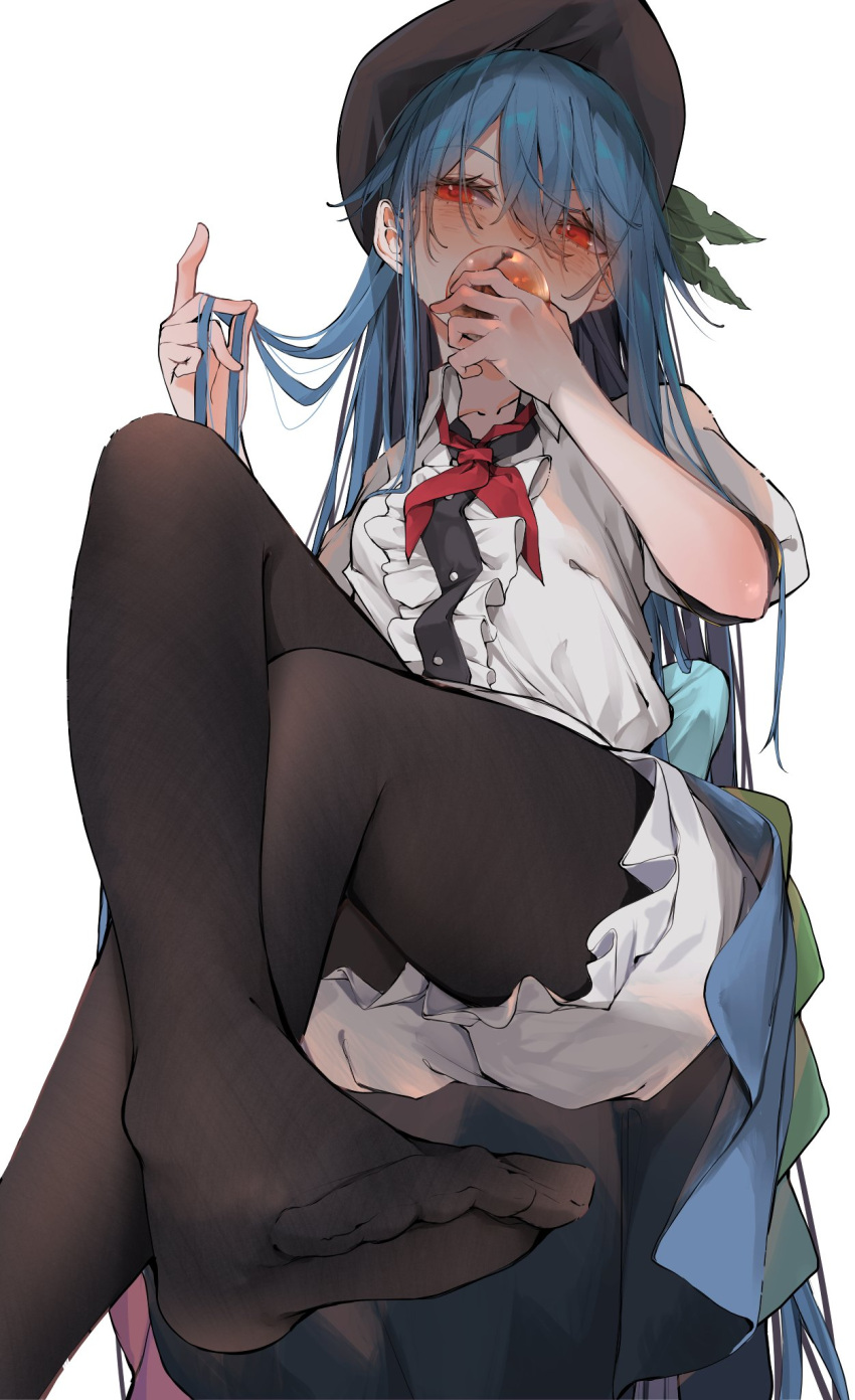 1girl ass black_headwear black_pantyhose blue_hair blush collared_shirt commentary_request embarrassed feet food foot_focus foot_out_of_frame foreshortening fruit hat highres hinanawi_tenshi holding holding_food holding_fruit knee_up long_hair no_shoes over-kneehighs pantyhose peach presenting_foot puffy_short_sleeves puffy_sleeves red_eyes shirt short_sleeves simple_background solo thighhighs toes touhou tsune_(tune) variant_set white_background white_shirt white_thighhighs
