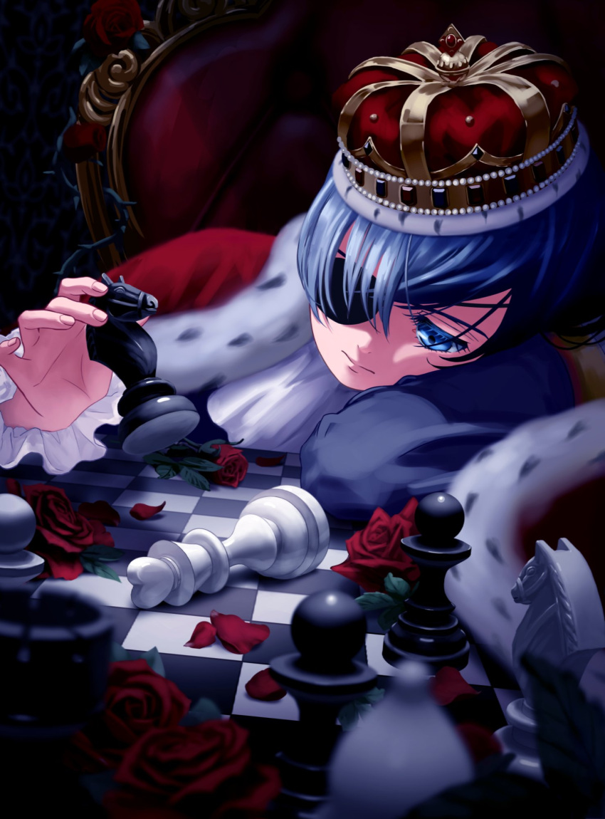 1boy alternate_costume bishop_(chess) blue_eyes blue_hair board_game chess chess_piece ciel_phantomhive crown eyepatch eyewear_strap flower highres holding_chess_piece knight_(chess) kuroshitsuji oda_itsuki otoko_no_ko pawn_(chess) red_flower rook_(chess) royal_robe short_hair solo throne