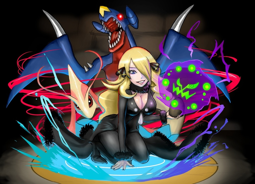 1girl black_background black_pants black_shoes blonde_hair blue_eyes breasts champion cleavage cosmo_(465lilia) cosmo_(pixiv12140406) garchomp hair_ornament hair_over_one_eye hand_on_ground holding large_breasts long_hair milotic pants pokeball pokemon pokemon_(creature) pokemon_(game) pokemon_dppt puzzle_and_dragons shirona_(pokemon) spiritomb