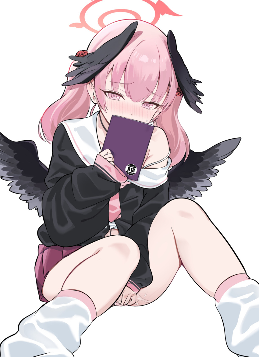1girl absurdres black_shirt black_wings blue_archive book breasts caffeine_0128 covering_mouth feathered_wings feet_out_of_frame flat_chest furrowed_brow hair_over_crotch halo head_wings highres holding holding_book koharu_(blue_archive) long_sleeves looking_at_viewer loose_socks low_wings miniskirt neckerchief no_headwear off_shoulder pink_eyes pink_hair pink_halo pink_neckerchief pink_skirt pleated_skirt puffy_long_sleeves puffy_sleeves pussy_juice red_halo sailor_collar sailor_shirt shirt simple_background single_bare_shoulder sitting skirt sleeves_past_wrists small_breasts socks solo twintails white_background white_sailor_collar white_socks winged_halo wings