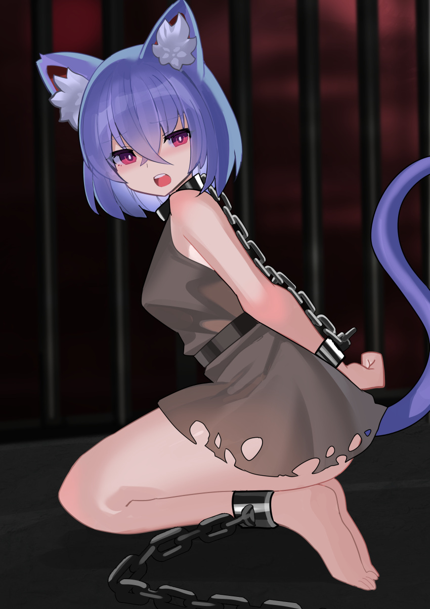 1girl :o absurdres animal_ear_fluff animal_ears arms_behind_back bdsm bondage bound cat_ears cat_girl cat_tail chain commentary crossed_bangs falken_(yutozin) from_side highres iron_bars kneeling looking_at_viewer original purple_eyes purple_hair rags restrained short_hair solo tail