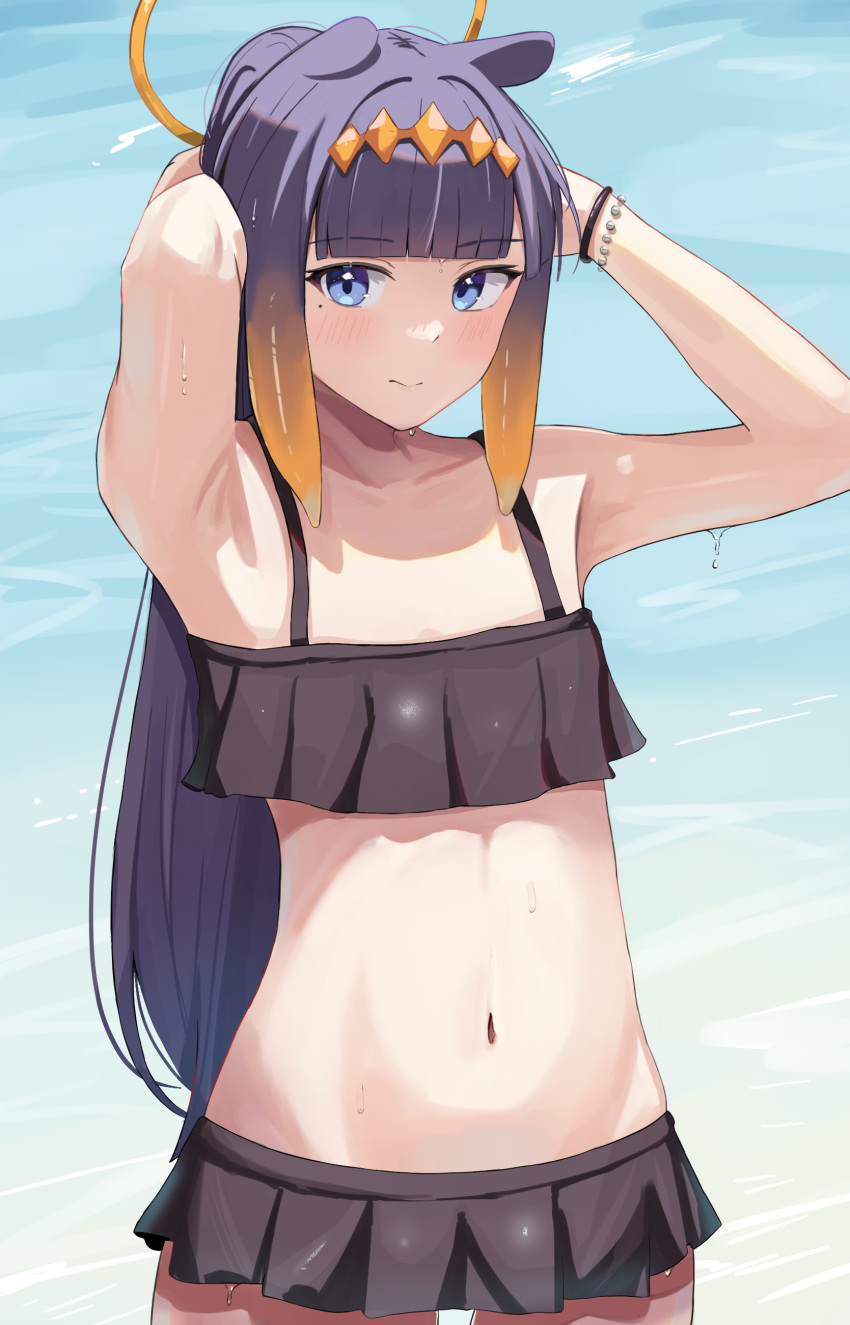 1girl absurdres armpits arms_up bare_arms bikini black_bikini blue_eyes blunt_bangs breasts closed_mouth collarbone commentary frilled_bikini frills gradient_hair halo highres hololive hololive_english ku_roiko light_blush long_hair looking_at_viewer mole mole_under_eye multicolored_hair navel ninomae_ina'nis orange_hair purple_hair small_breasts solo standing stomach swimsuit tentacle_hair virtual_youtuber water wet wristband