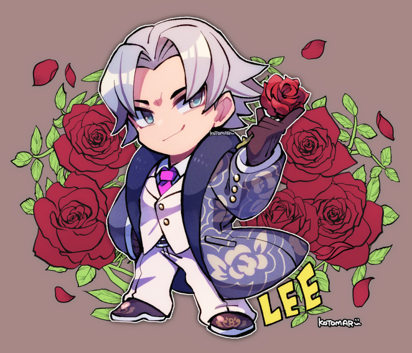 1boy black_gloves blue_coat brown_background brown_footwear character_name closed_mouth coat collared_shirt flower full_body gloves grey_eyes grey_hair hand_on_own_hip holding holding_flower kotorai lee_chaolan male_focus necktie pants petals pink_necktie red_flower red_rose rose rose_petals shirt short_hair signature smile solo standing tekken vest white_pants white_vest